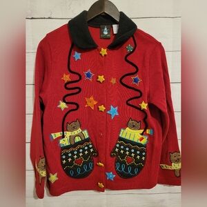 Vtg Sport Elle Vintage Cats in Mittens Christmas Sweater Cardigan Cat Medium
